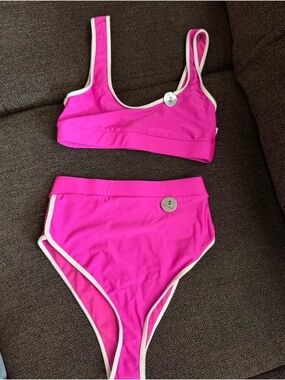 Forever 21 Hot Pink High-Waist Bikini Set with White Trim